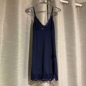 Elegant Navy Blue Lace Trim Nightgown